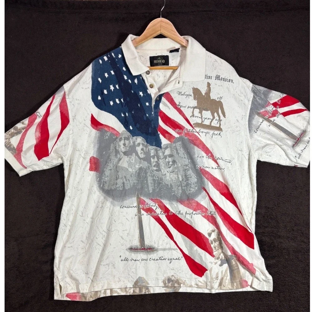 RedHead Mens 2X Americana Polo Shirt USA Flag Mount Rushmore All‎ Over Print EUC